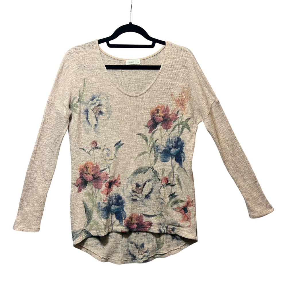 Ginger G Floral Watercolor Slub Knit Long Sleeve Top Beige M Casual Boho